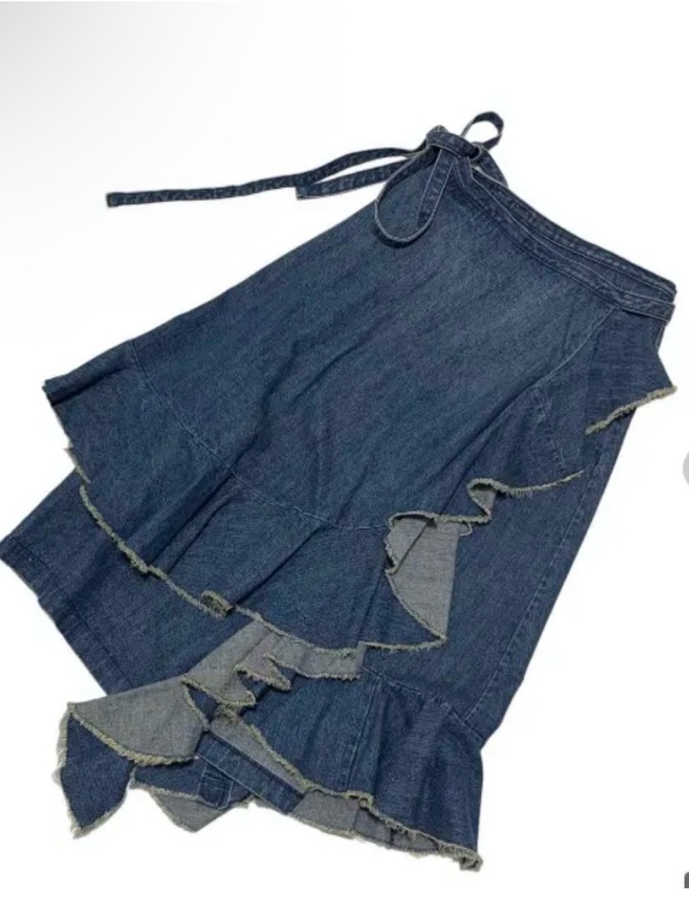 Uniqlo Dark Blue Denim Midi Skirt with Ruffle Trim